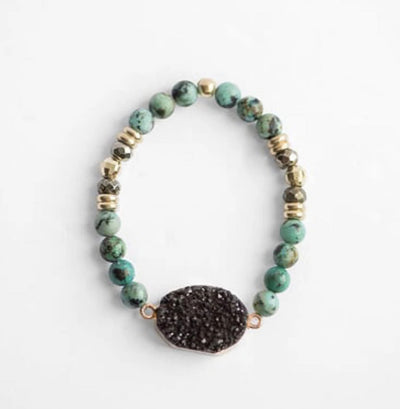 African Turquoise & Pyrite Beaded Bracelet with Black Druzy Stone - 1